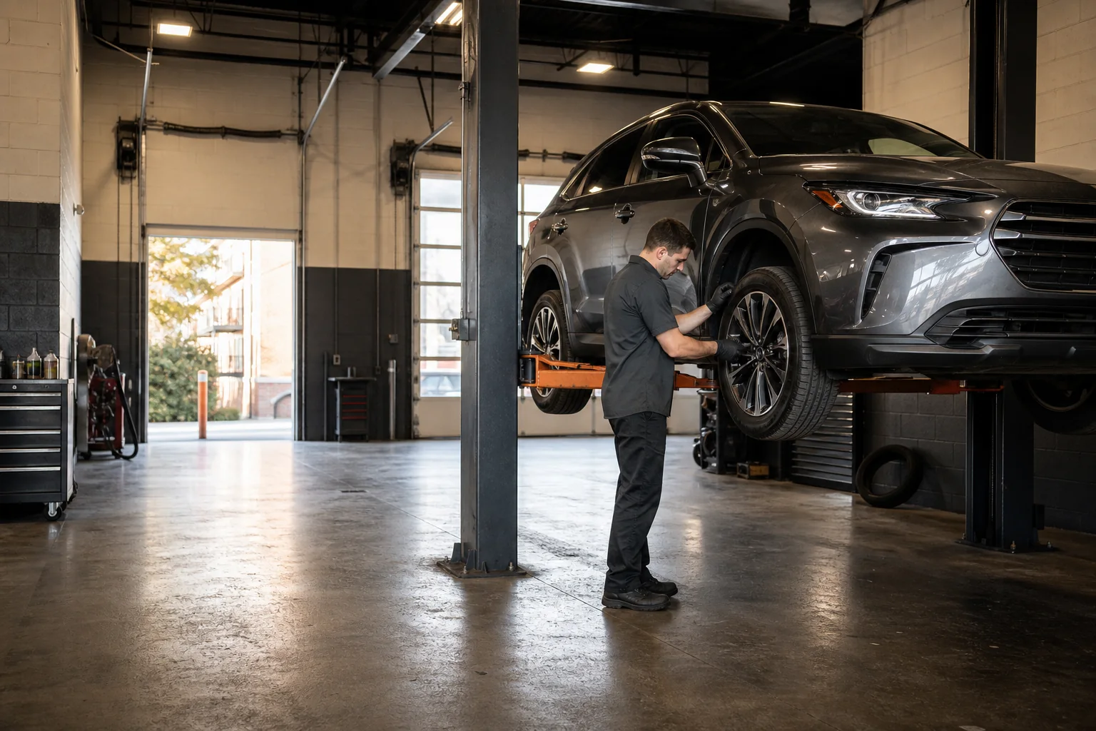 Mechanic inspecting a vehicle in a clean independent repair garage